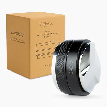Crema Coffee Products 51mm Hand Tamper & Coffee Distributor|Compatible with Delonghi Dedica & La Specialista Portafilter|Double-Sided, Adjustable Depth Tool|Made with Durable 304 Stainless Steel|Black