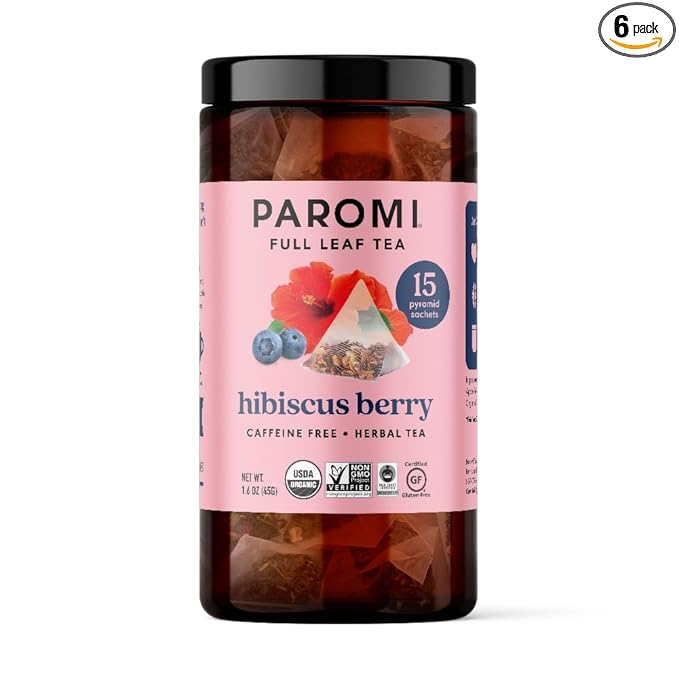 Paromi Hibiscus Berry Organic Herbal Tea, Signature Jar, 15 Count (Pack of 6)