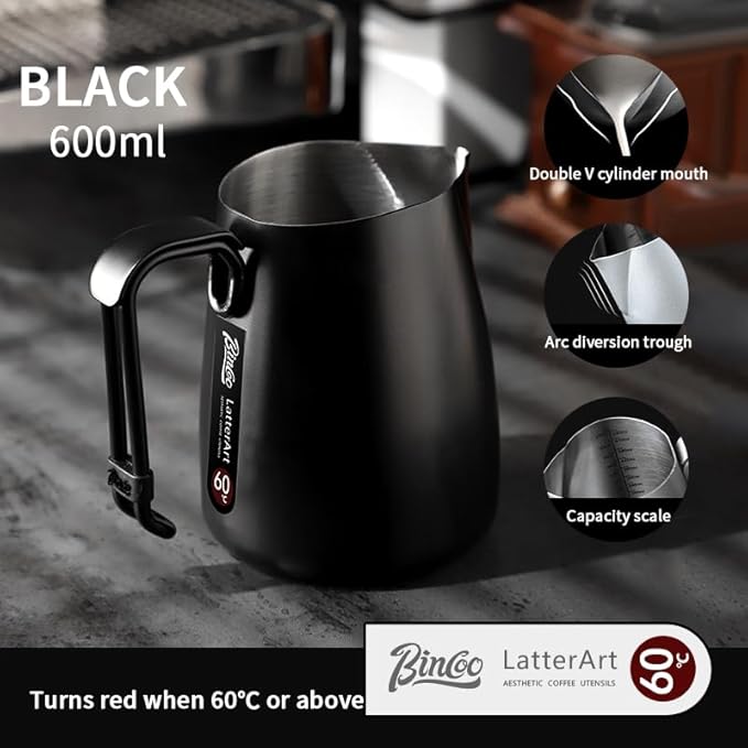 Bincoo Milk Frothing Pitcher,Espresso Milk Frothing Pitcher Stainless Steel 20oz/600ML Coffee Milk Frother Cup with Measurement Lines,Ergonomic Handle for Latte Art & Cappuccino
