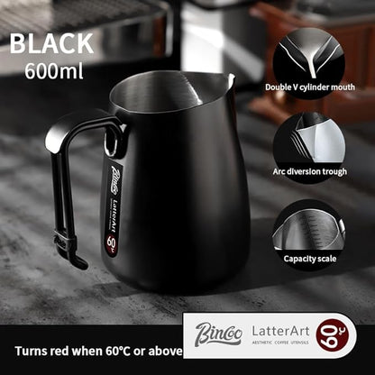 Bincoo Milk Frothing Pitcher,Espresso Milk Frothing Pitcher Stainless Steel 20oz/600ML Coffee Milk Frother Cup with Measurement Lines,Ergonomic Handle for Latte Art & Cappuccino