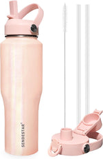 Load image into Gallery viewer, SENDESTAR 40oz Stainless Steel Water Bottle(Cold for 48 Hrs, Hot for 24 Hrs),Double Wall Vacuum Insulated Bottle with Straw Lid, Spout Lid and Flex Cap, Fit in Any Car Cup Holder TXIN-40-Laser Pink