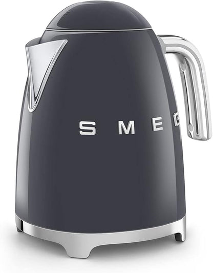 SMEG KLF03 7 Cup Electric Water Kettle, Retro-Style, Soft-Opening Lid, Auto Shut-Off, 360° Swivel Base – Grey
