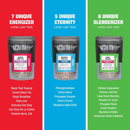 Tiesta Tea - Tiesta Tastings Sampler Dry Flight Set, Loose Leaf, High to No Caffeine, Makes Hot and Iced, Assorted Tea Sets with Herbal, Chai, Fruit Blend & More, 45 Resealable Sample Pouches