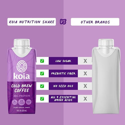 Koia Plant Based Protein Shake, Cold Brew Coffee, 20g Protein, 3g Sugar, 6g Prebiotic Fiber, 21 Vitamins & Minerals, Meal Replacement Drinks, Dairy-Free, Gluten-Free, Non-GMO, 11 Fl Oz (Pack of 12)