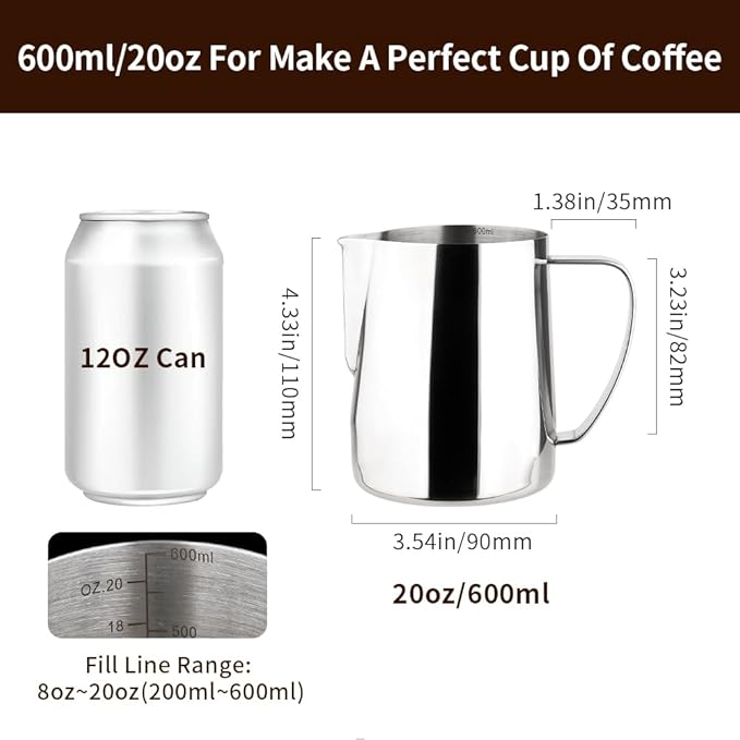 watchget Milk Frothing Pitcher 20oz/600ml Stainless Steel Espresso Steaming Pitcher for Espresso Machines Coffee Frothing Cup Cappuccino Latte Art Milk Jug Cup