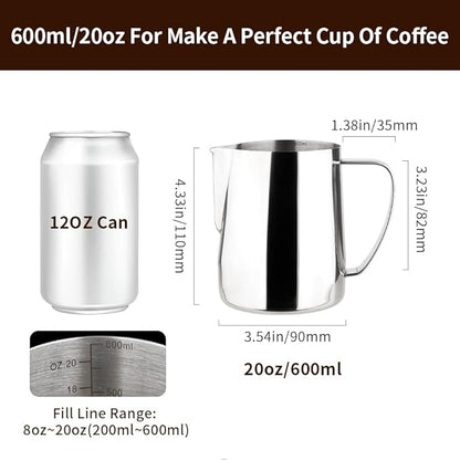 watchget Milk Frothing Pitcher 20oz/600ml Stainless Steel Espresso Steaming Pitcher for Espresso Machines Coffee Frothing Cup Cappuccino Latte Art Milk Jug Cup