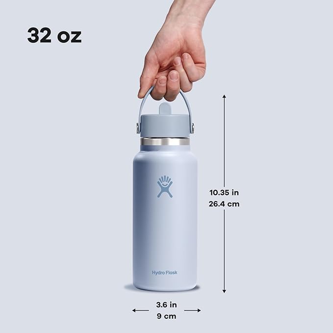 Hydro Flask Water Bottle - Insulated Stainless Steel - Wide Mouth Flex Straw Lid, Non Spill, Leakproof and Refillable in 32 Oz Surf Blue