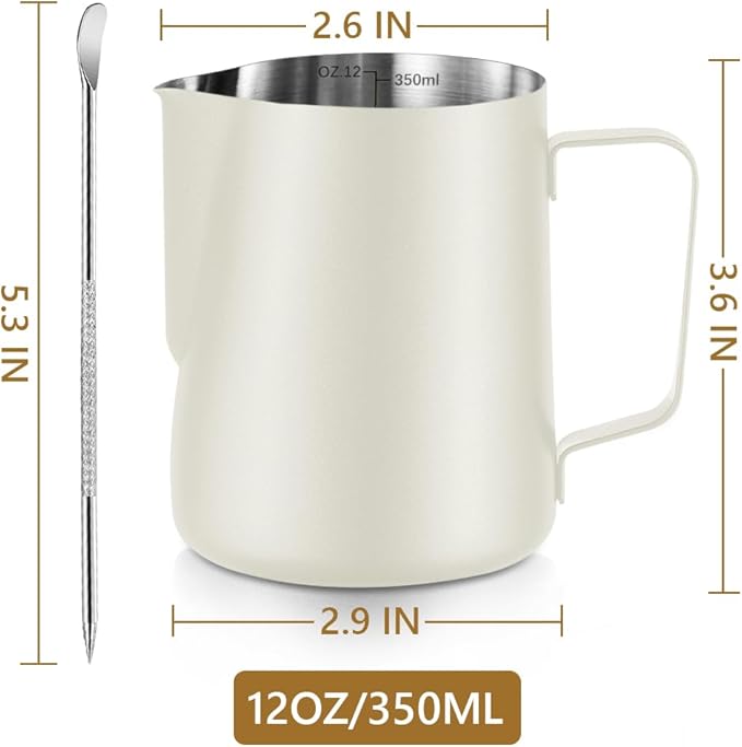 Frothing Milk Pitcher, 12 oz/350 ml Stainless Steel Frothing Milk Jug with Latte Art Pen,with Internal Measurements, for Cappuccino, Espresso and More（white）