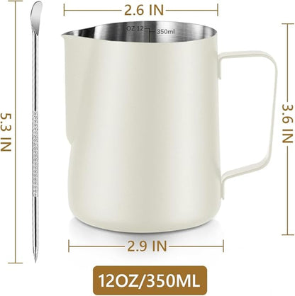 Frothing Milk Pitcher, 12 oz/350 ml Stainless Steel Frothing Milk Jug with Latte Art Pen,with Internal Measurements, for Cappuccino, Espresso and More（white）
