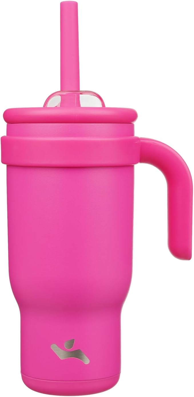 18 oz Tumbler with Side Handle, Insulated Water Bottle with Straw and 2 in 1 Lid, Stainless Steel Cup Travel Coffee Mug for Sports Office Gym,Fuchsia