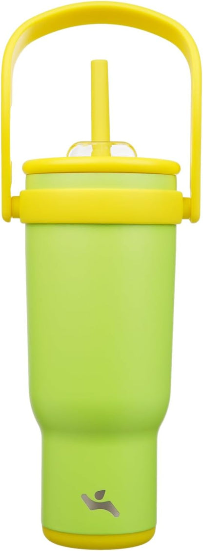 40 oz Tumbler with Side Handle, Insulated Water Bottle with Straw and 2 in 1 Lid, Stainless Steel Cup Travel Coffee Mug for Sports Office Gym,Lime
