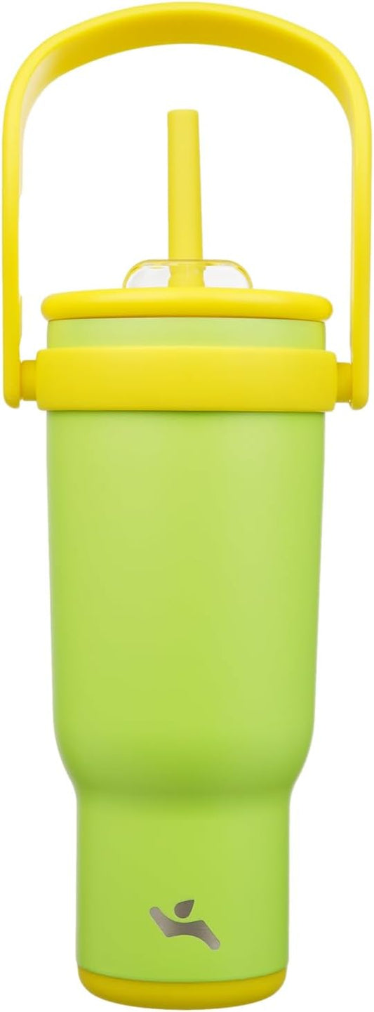 40 oz Tumbler with Side Handle, Insulated Water Bottle with Straw and 2 in 1 Lid, Stainless Steel Cup Travel Coffee Mug for Sports Office Gym,Lime