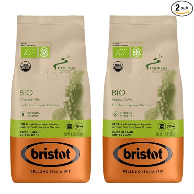 Bristot Bio Organic Italian Espresso Beans | Italian Whole Beans | Medium Roast | 1.1lb/500g (Pack of 2)