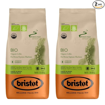 Bristot Bio Organic Italian Espresso Beans | Italian Whole Beans | Medium Roast | 1.1lb/500g (Pack of 2)