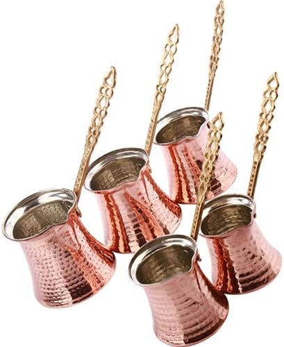 Turkish Solid Hammered Copper Greek Arabic Coffee Pot Stovetop Coffee Maker Cezve Ibrik Briki with (5 Size) (Metal Handle)