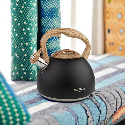 POLIVIAR Tea Kettle, Black Ti Stovetop Tea Kettle 2.7 Quart , Audible Whistling Teapot, Food Grade Stainless Steel for Anti-Rust and Anti Hot Handle, Suitable for All Heat Sources (JX2018-WB20)