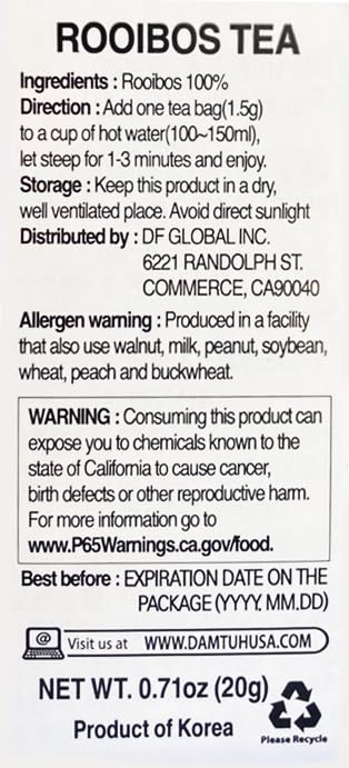 Damtuh Rooibos Tea – 100% Pure Rooibos, Caffeine-Free Herbal Tea, 10 Tea Bags (1g each)