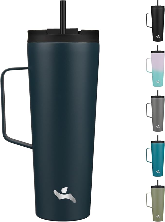 Insulated Tumbler with Handle and Straw, 26 OZ Travel Coffee Mug Stainless Steel Cup Metal Water Bottle,Navy Blue