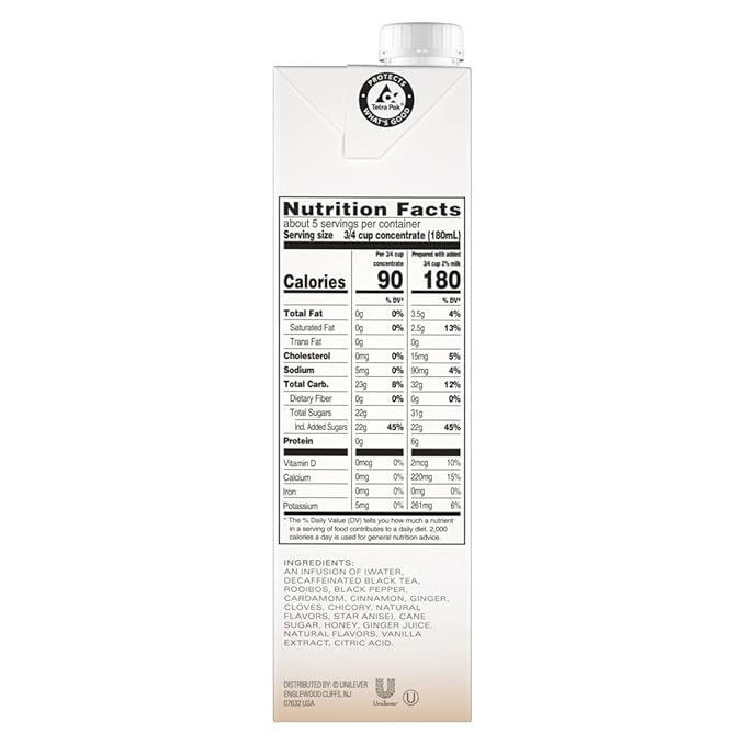 TAZO Decaf Chai Latte, Black Tea Concentrate, Easy-to-Serve Chai Tea for Everyday Lattes, Hot or Iced Tea and Mocktails, 32 oz Tea Mix Carton