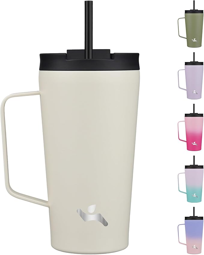 Insulated Tumbler with Handle and Straw, 18 OZ Travel Coffee Mug Stainless Steel Cup Metal Water Bottle,Angel White