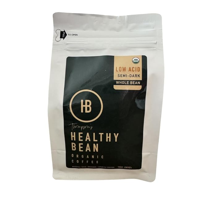 Healthy Bean Organic Low Acid Coffee Beans - USDA Organic Mold-Free, Superfood Infused, Clean and Healthy - Low Acid for Sensitive Stomachs - Semi-Dark Roast Coffee Beans, 10oz (1-Pack)