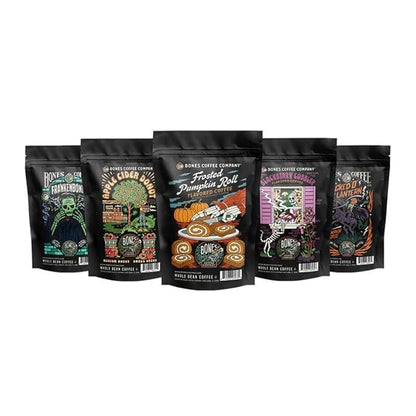 Bones Coffee Company Fall Favorites Pack, 5 Assorted Flavored Coffee Low Acid Medium Roast Arabica Beans Specialty Coffee Gifts, Auto Drip and French Press Compatible, 4 oz Pack of 5 Whole Bean