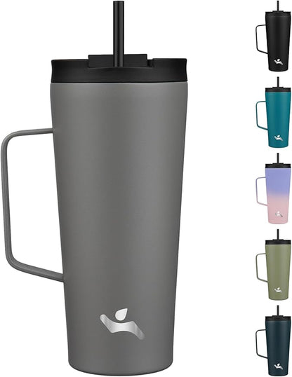 Insulated Tumbler with Handle and Straw, 22 OZ Travel Coffee Mug Stainless Steel Cup Metal Water Bottle,Grey