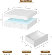 White LED Coffee Table with 2 Storage Drawers for Living Room Square Center Middle Table Modern Cocktail Table with Light 2-Tier Tea Tables Contemporary Mid Century Wood Home Office Waiting Room