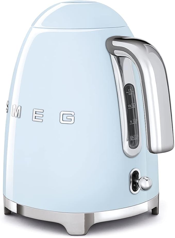SMEG 50's Retro Style Electric Water Kettle with Automatic Shutoff, Removable Base, and Water Indicator, KLF03PBUS, Pastel Blue