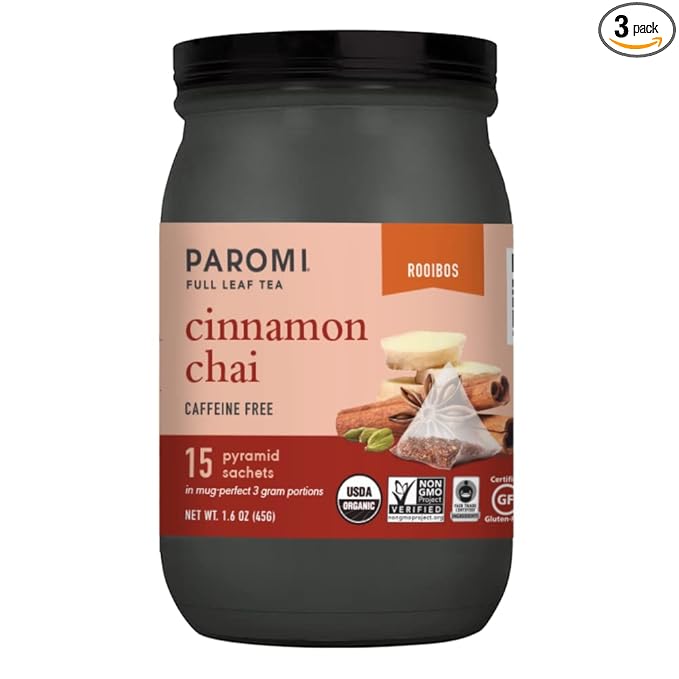 Paromi Cinnamon Chai Rooibos Organic Tea, Signature Jar, 15 Count (Pack of 3)