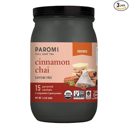 Paromi Cinnamon Chai Rooibos Organic Tea, Signature Jar, 15 Count (Pack of 3)