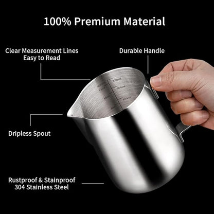 watchget Milk Frothing Pitcher 350ml/600ml/900ml/1500ml (12oz/20oz/32oz/52oz) - Stainless Steel Espresso Steaming Pitcher for Cappuccino, Latte Art, Milk Jug Coffee Frother Cup, Silver