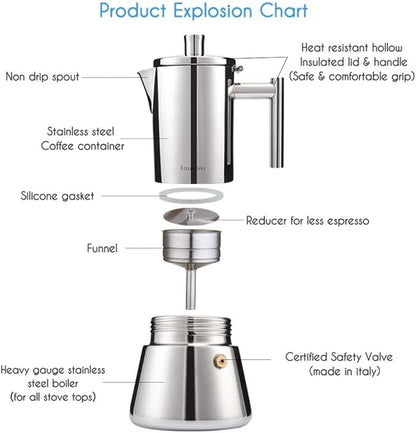 Easyworkz Diego Stovetop Espresso Maker Stainless Steel Italian Coffee Machine Maker 4Cup 6.8 oz Induction Moka Pot