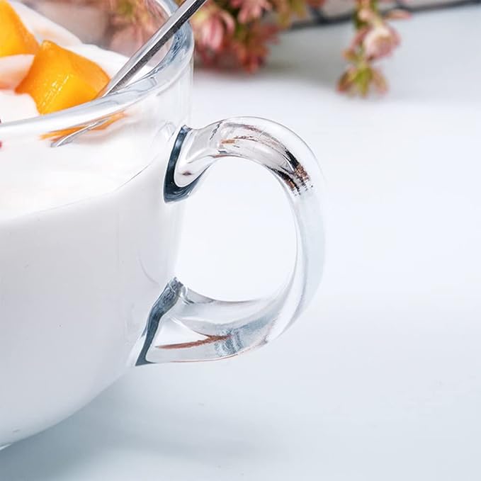 Large Clear Glass Coffee Mugs Set of 2,14.8 oz(440ml)-Wide Mouth Tea Cups with Handle and Spoon Transparent Drinking for Cappuccino Cups, Latte, Milk color 4 Piece