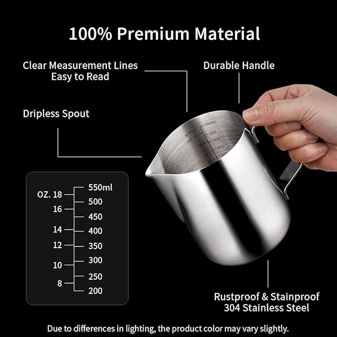 watchget Stainless Steel Milk Frothing Pitcher 20oz/600ml - Espresso Steaming Pitcher for Cappuccino, Latte Art, Coffee Machine Accessories Milk Jug Coffee Frother Cup, Silver