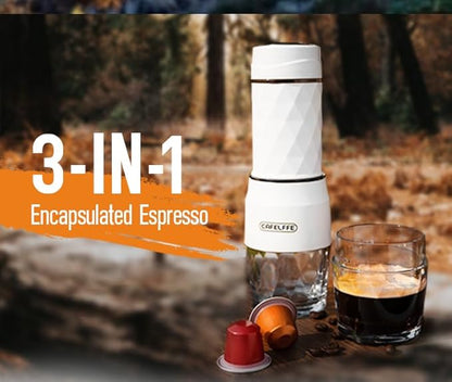 Portable Coffee Maker,3 in 1 Manual Espresso Machine,Compatible with Nes Original Capsule, DG Pods & Ground Coffee,Suitable for Hiking,Fishing,Camping,Backpacking or Gift for beginner,White