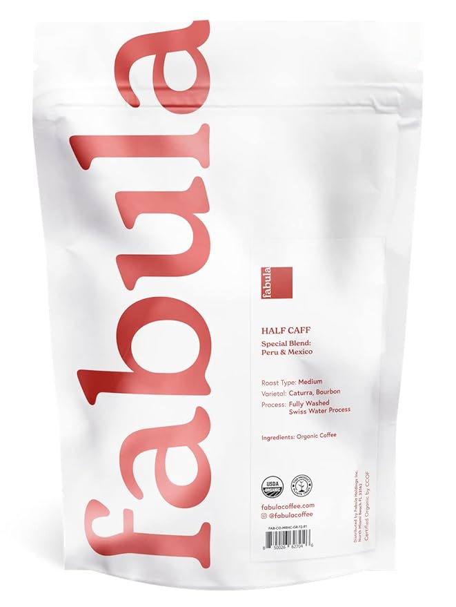 Fabula Coffee Half-Caff Medium Roast Freshly Ground - Organic - Low Acid - Single Origin - Non-GMO - Mold Free - 12 Ounces …