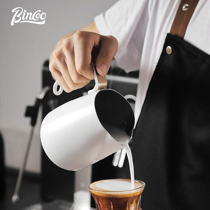 Bincoo Espresso Milk Frothing Pitcher Stainless Steel 20oz/600ML Coffee Milk Frother Cup-Milk Frothing Pitcher with Measurement Lines,Ergonomic Handle for Latte Art & Cappuccino(White)
