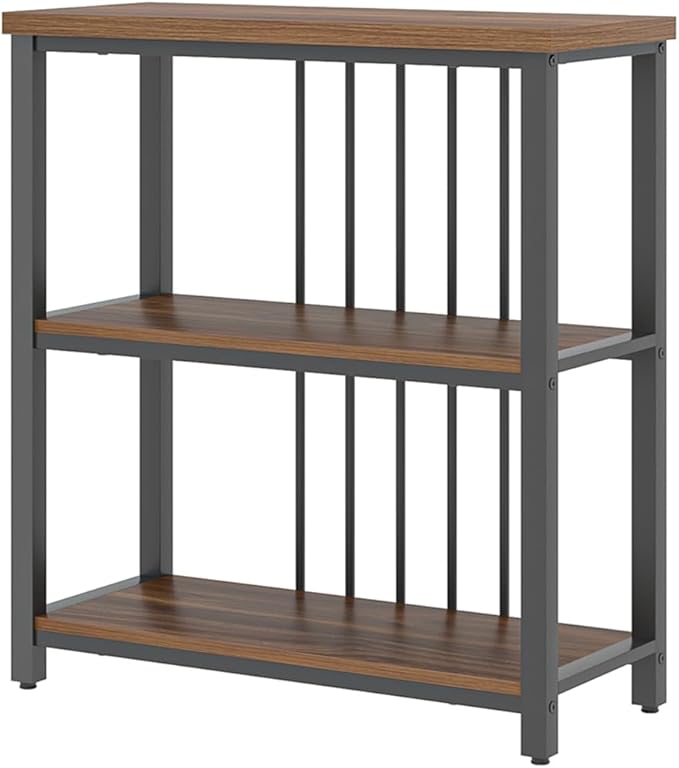 FOLUBAN Bookshelf, Small Modern 3 Tier Bookcase, Wood and Metal Standing Storage Book Shelves for Living Room, Office, Bedroom (Rustic Walnut)