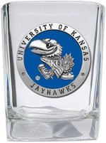 Load image into Gallery viewer, Heritage Pewter University of Kansas Jayhawks Square Shot Glass | Hand-Sculpted 1.5 Ounce Shot Glass | Intricately Crafted Metal Pewter Alma Mater Inlay