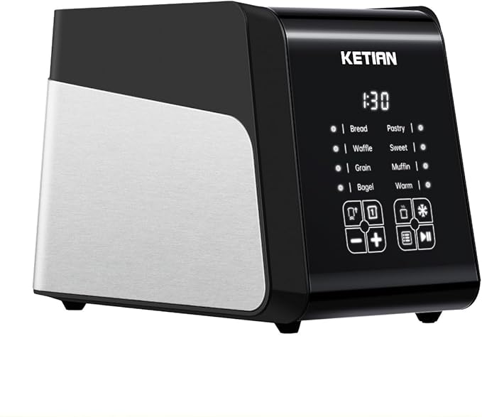 Touchscreen Toaster 2 Slice, KETIAN Bagel English Muffins Toast Pastry Waffles Grain Sweet Bread Toaster, Extra Wide Slots Single Slot Toasting Automatic Lifting, 1400w (Black)