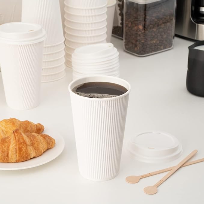Restaurantware 16 Ounce Ripple Wall Disposable Coffee Cups, 500 Insulated White Paper Tumblers with Rolled Rim Design, Lids Sold Separately for Hot Drinks like Tea, Hot Chocolate and More