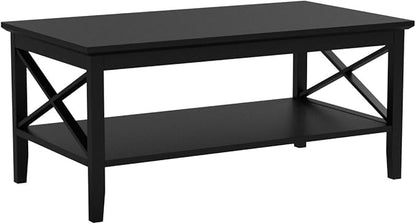 ChooChoo Oxford Coffee Table with Thicker Legs, Black Wood Coffee Table with Storage for Living Room