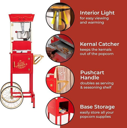Popcorn Maker with Cart & 20oz Kettle, Antique Style Popcorn Maker on Wheels with 16" Tires & Storage Cabinet, Mobile Popcorn Popper Machine for Theater, Carnival, Home Party, Red