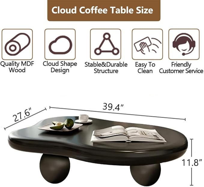Cloud Coffee Table Modern Cute Coffee Tables Irregular Simple Tea/Center Table for Small Space End Table for Living Room, Home Office, Indoor (Black A Cloud 40" Wx27.6 Dx11.8 H)