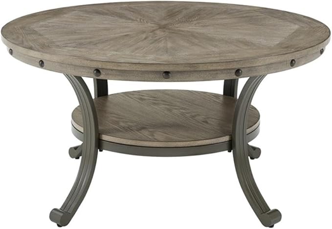 Pemberly Row Transitional Metal and Wood Round Coffee Table in Pewter