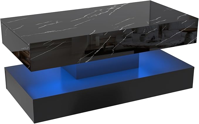 39.4" Large High-Glossy LED Coffee Table with 2 Sliding Drawers, Living Room Storage Coffee Tables with Marbling Print, Modern Stylish Double-Layer Center Tables w/LED Lights, Black