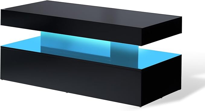 AMERLIFE High Gloss LED Coffee Table, Modern 2-Tier Center Table with LED Lights, Open Storage Space, 40in Simple Rectangular Sofa Side Table for Living Room, Black