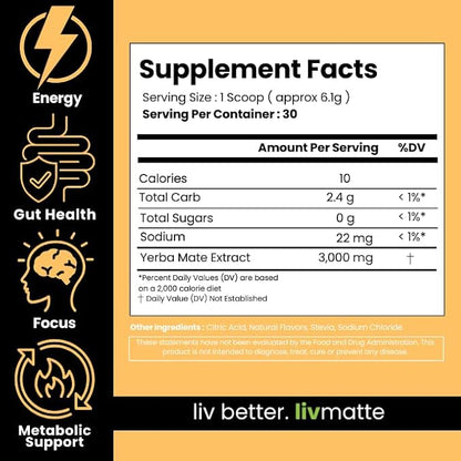 LivMatte Yerba Mate Instant Tea Powder-Natural Caffeine Flavored Drink Mix, Sugar-Free, Clean Energy, Mental Focus + Wellness Support I 30 Servings (Peach Mango)
