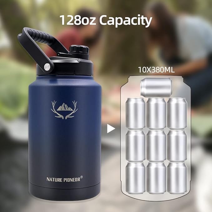 NATURE PIONEOR One Gallon Water Bottle Insulated - Large Double Vacuum Stainless Steel 128 oz Water Bottle with Holder/Carrier, 1 Gallon Water Jug,128oz, Wide Mouth